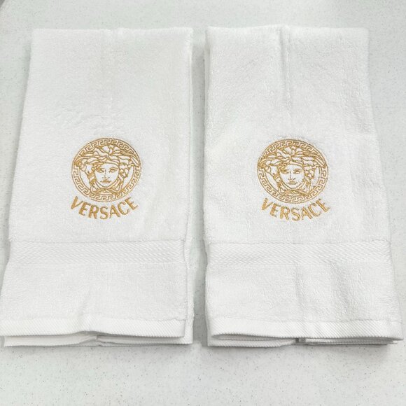 Versace Style Towels Embroidered Hand Towel Set White Gold Bathroom Decor - Picture 1 of 2